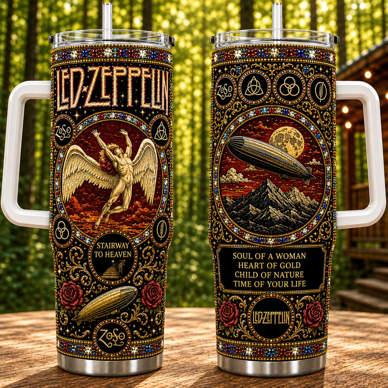 Led Zeppelin 40oz Rhinestone Insulated Tumbler with Handle - Stainless Steel Travel Mug with Straw and Lid