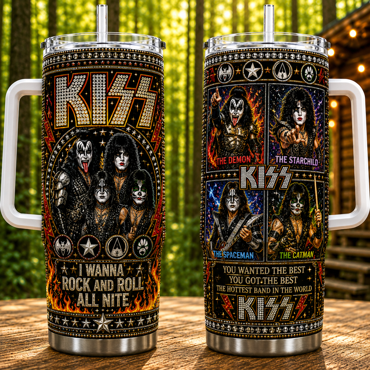 Kiss Band 40oz Rhinestone Insulated Tumbler with Handle - Stainless Steel Travel Mug with Straw and Lid
