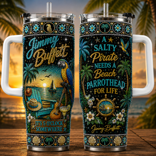 Jimmy Buffett 40oz Rhinestone Insulated Tumbler with Handle - Stainless Steel Travel Mug with Straw and Lid
