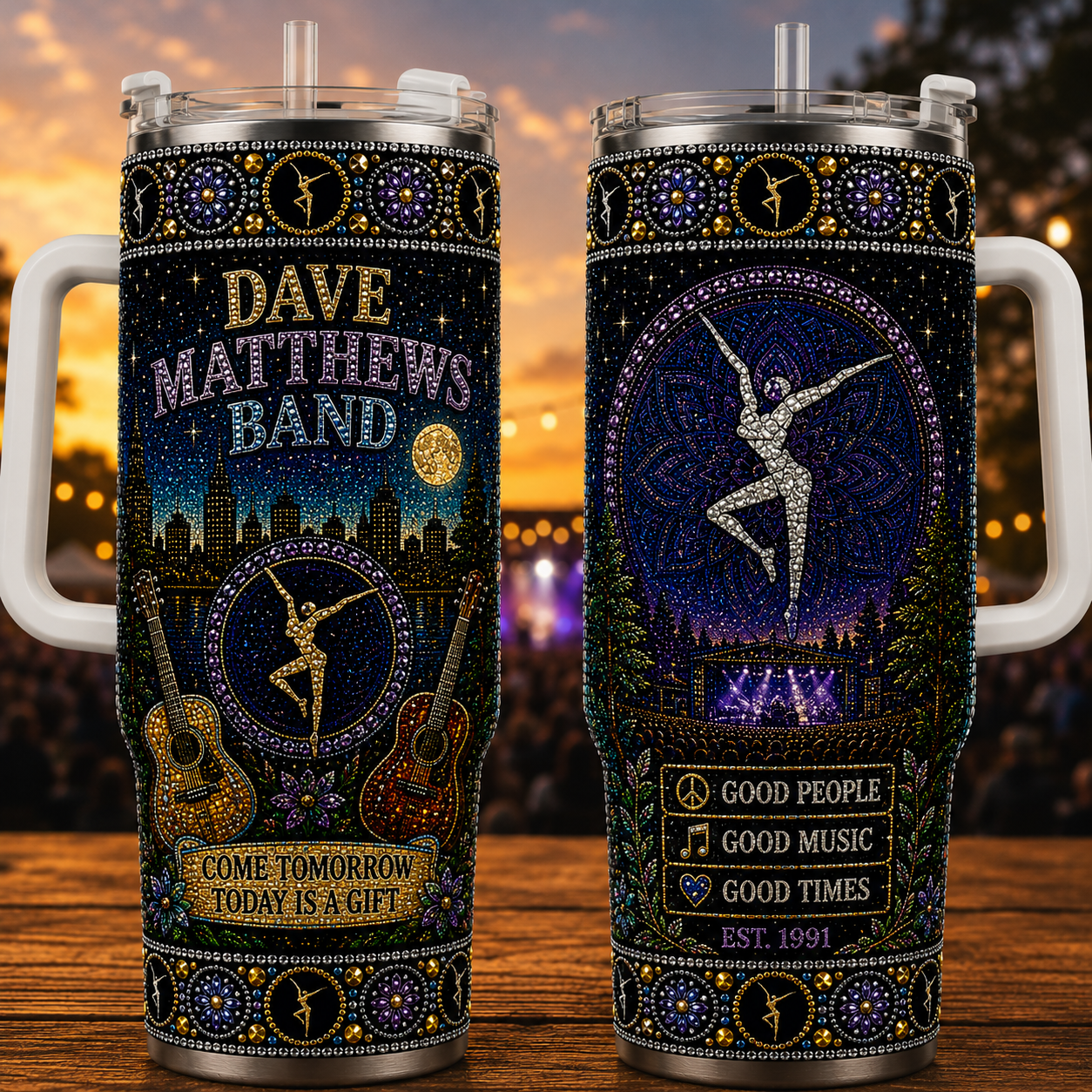 Dave Matthews Band 40oz Rhinestone Insulated Tumbler with Handle - Rock Band Stainless Steel Travel Mug with Straw and Lid