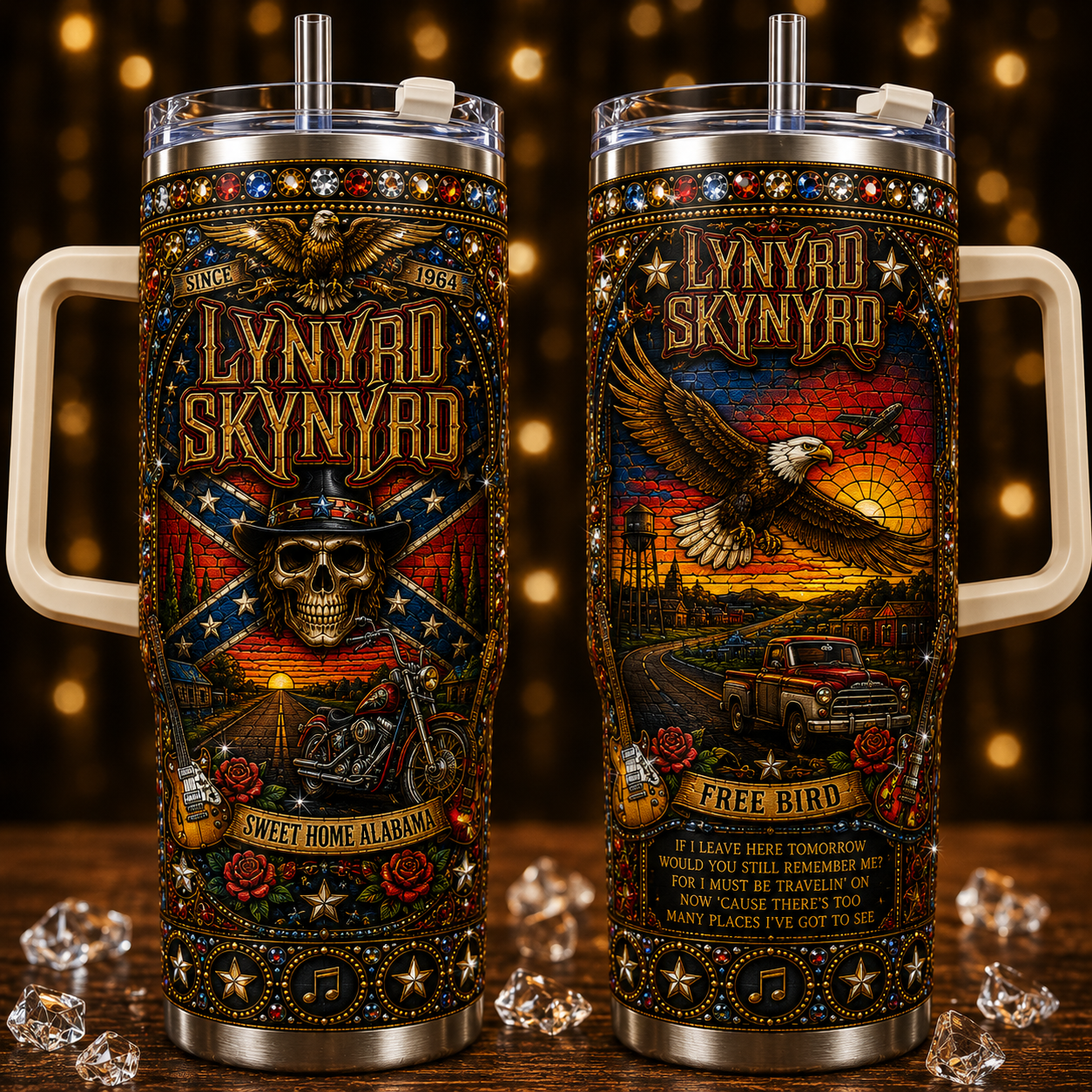 Lynyrd Skynyrd 40oz Rhinestone Insulated Tumbler with Handle - Stainless Steel Travel Mug with Straw and Lid