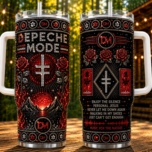 Depeche Mode 40oz Rhinestone Insulated Tumbler with Handle - Rock Band Stainless Steel Travel Mug with Straw and Lid