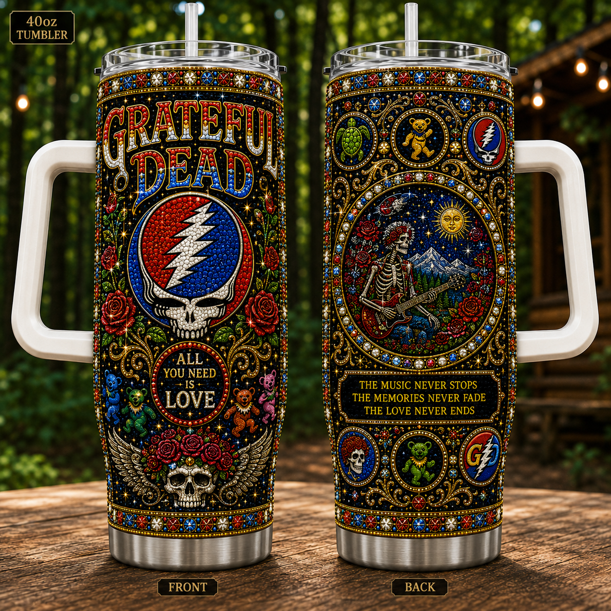 Grateful Dead 40oz Insulated Tumbler with Handle - Stainless Steel Travel Mug with Straw and Lid