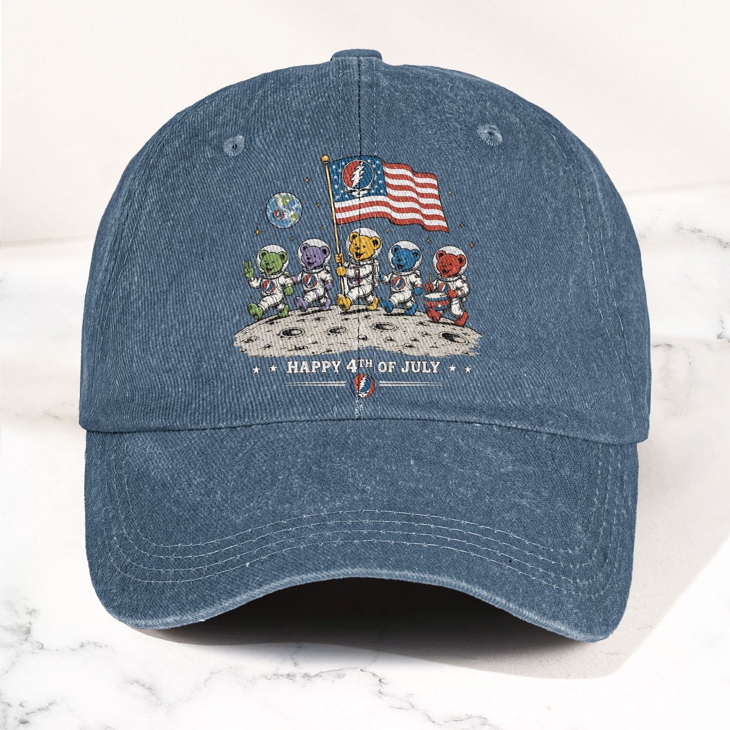 Grateful Dead Happy 4th Of July Dancing Bears Astronaut Patriotic Denim Cap – Retro Vintage Dad Cap Gift For Dad (With Box)