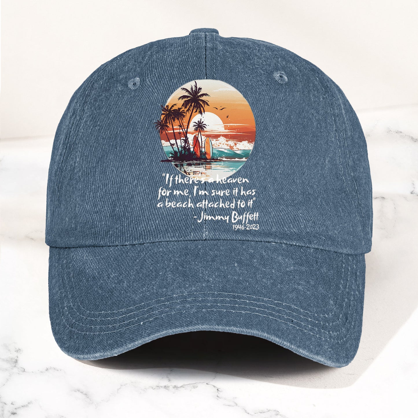 Jimmy Buffett Beach Quote Denim Dad Cap – Vintage Washed Tropical Hat