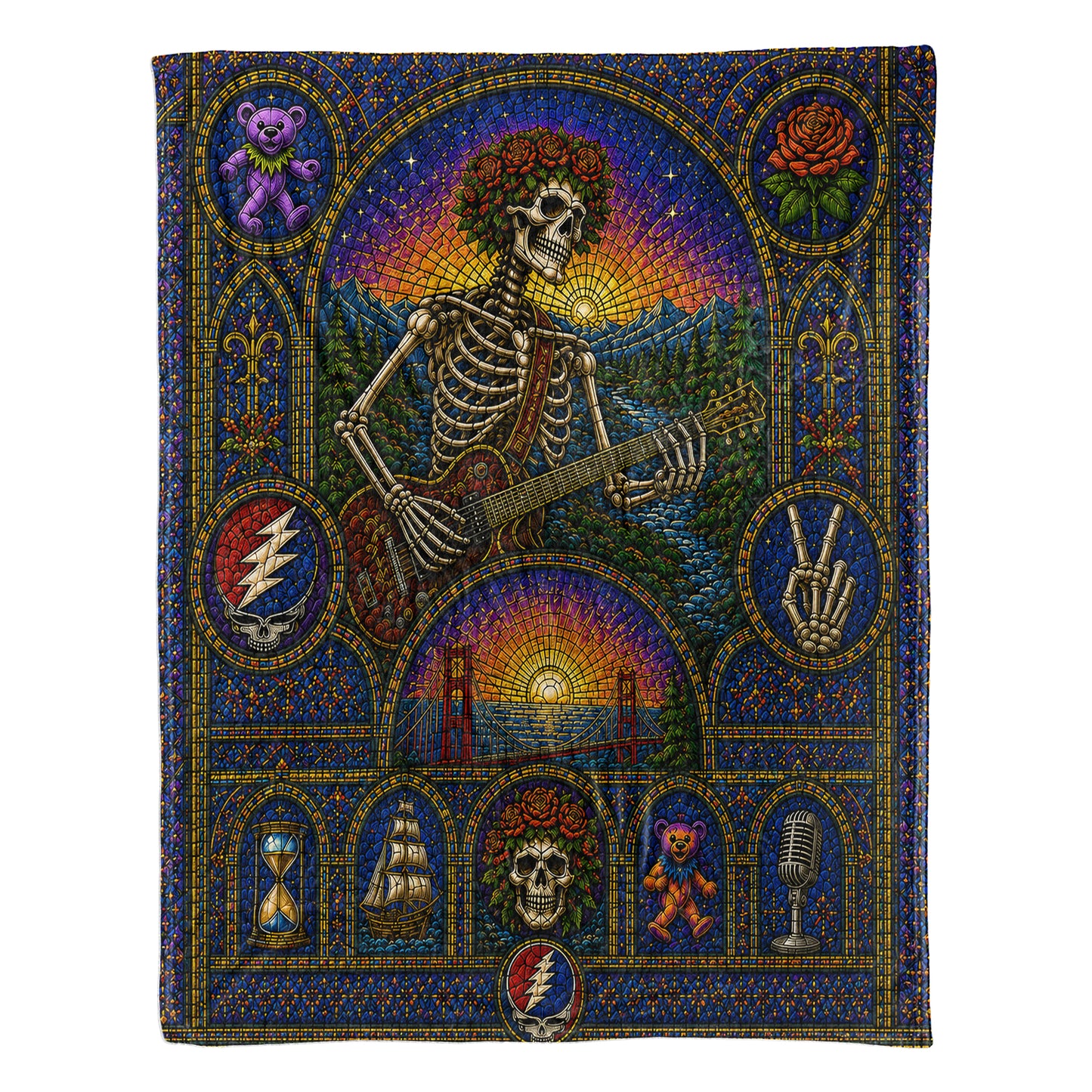 Grateful Dead Sherpa Blanket – Bertha Skeleton Guitarist Gothic Stained Glass Blanket