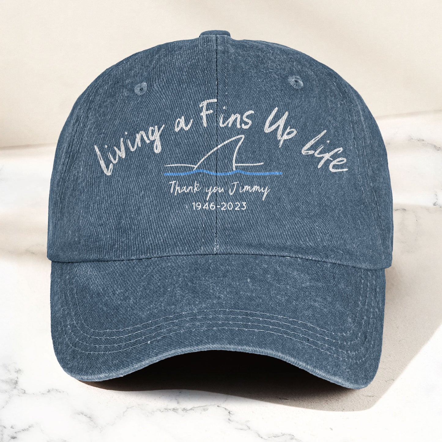 Living A Fins Up Life Denim Cap – Retro Jimmy Buffett Inspired Dad Hat (With Box)