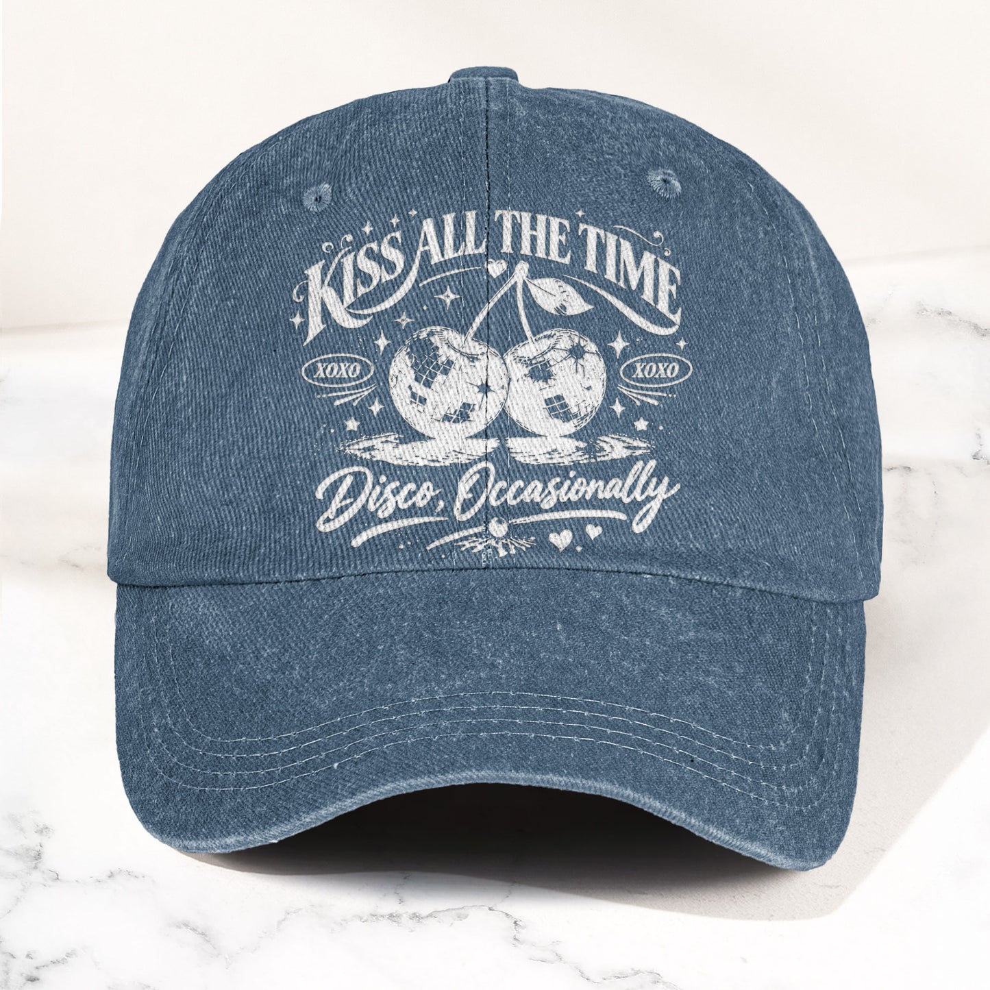 Harry Styles Illustration Merch Kiss All The Time Cherries Disco Ball Denim Cap – Retro Vintage Dad Cap Gift For Dad (With Box)