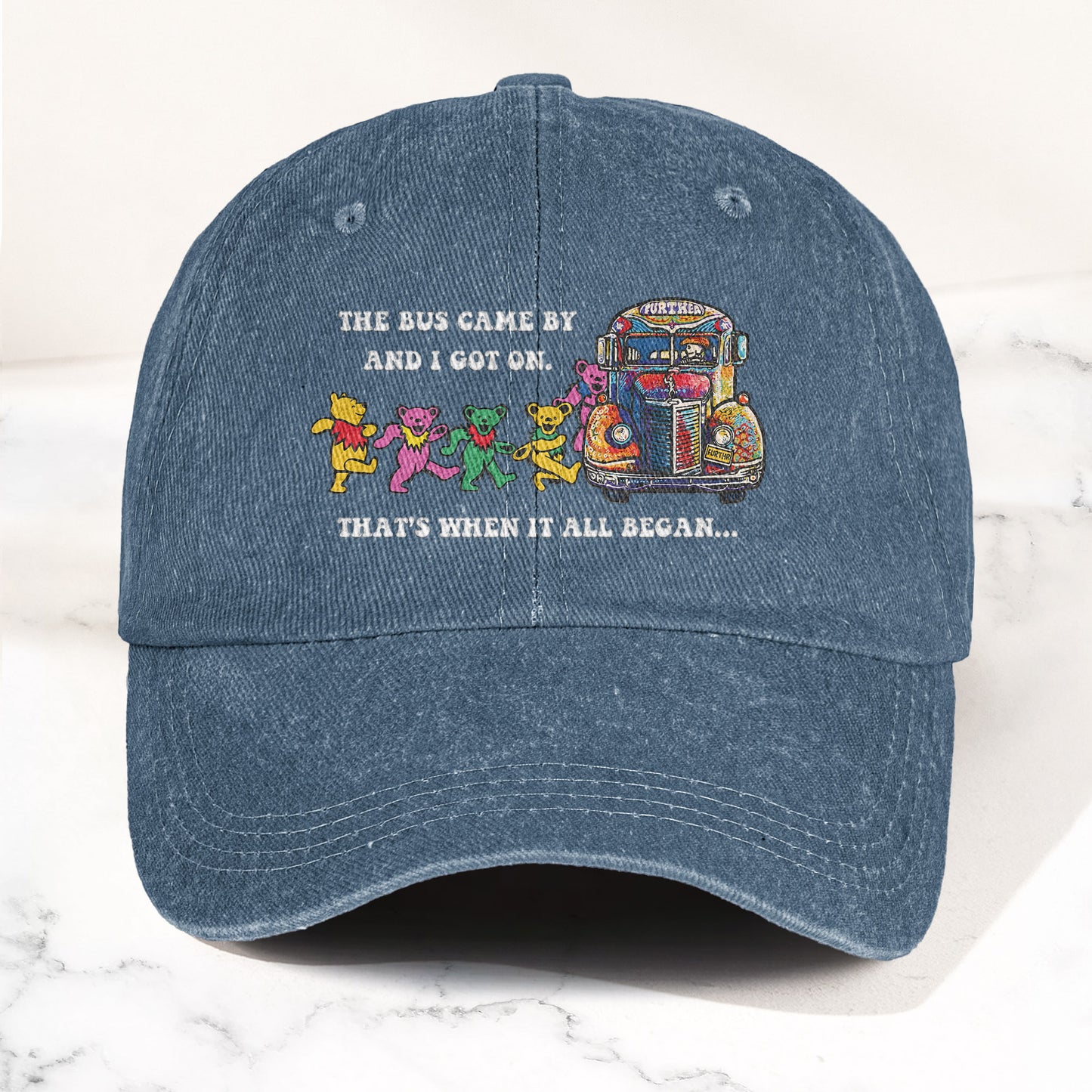 Grateful Dead Further Bus And Dancing Bears Denim Cap – Vintage Music Grateful Dead Merch Gift for Dad (With Box)
