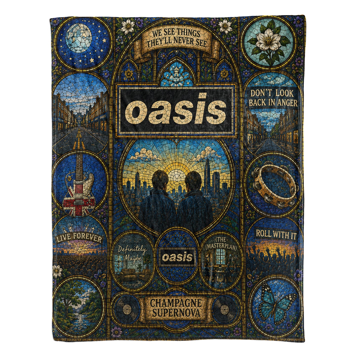 Oasis Band Sherpa Blanket – Champagne Supernova Stained Glass Blanket