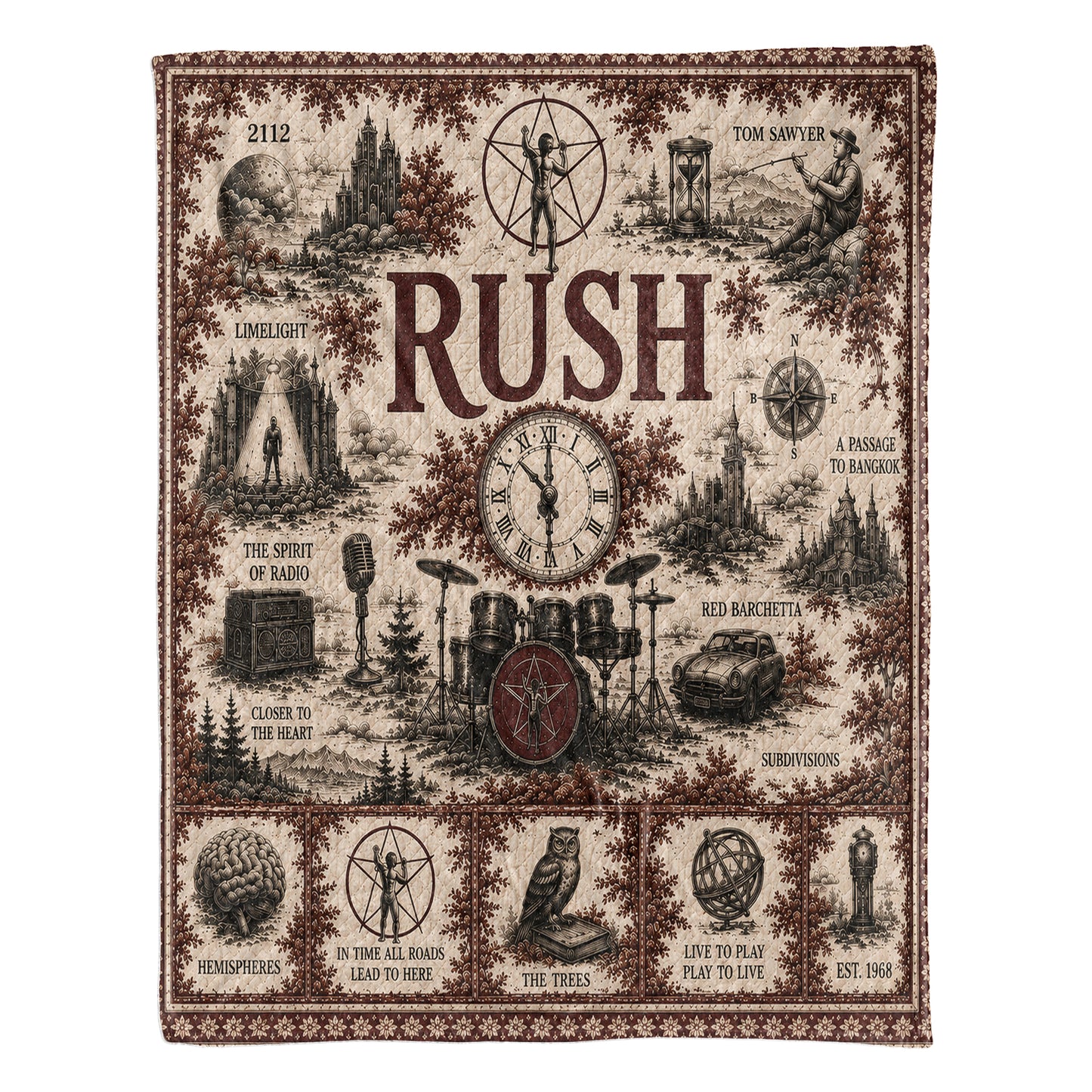 Rush Band Sherpa Blanket – Starman Vintage Sketch Collage Progressive Rock Blanket