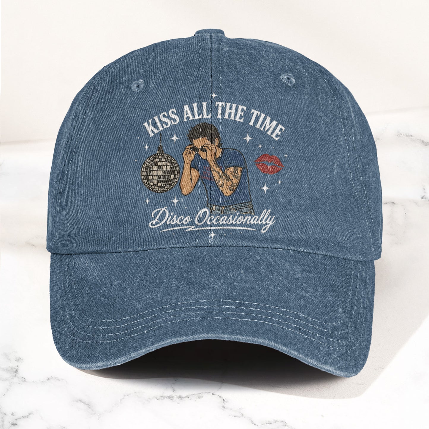 Kiss All The Time Disco Harry Styles Illustration Denim Cap – Retro Vintage Dad Cap Gift For Dad (With Box)