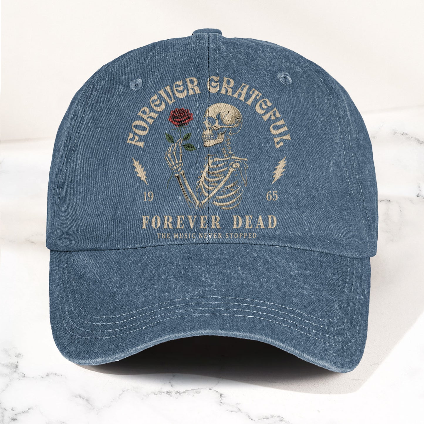 Grateful Dead 60th Anniversary Skeleton Rose Forever Dead Denim Cap – Retro Vintage Dad Cap Gift For Dad (With Box)