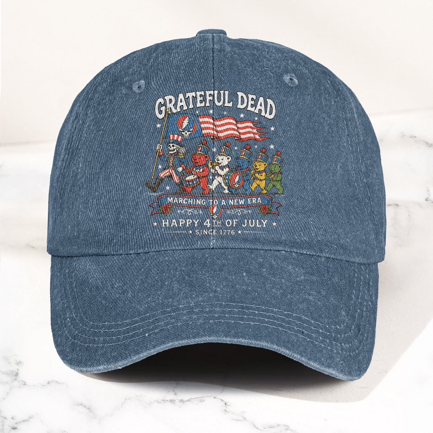 Grateful Dead Marching To A New Era Happy 4th Of July Patriotic Denim Cap – Retro Vintage Dad Cap Gift For Dad (With Box)