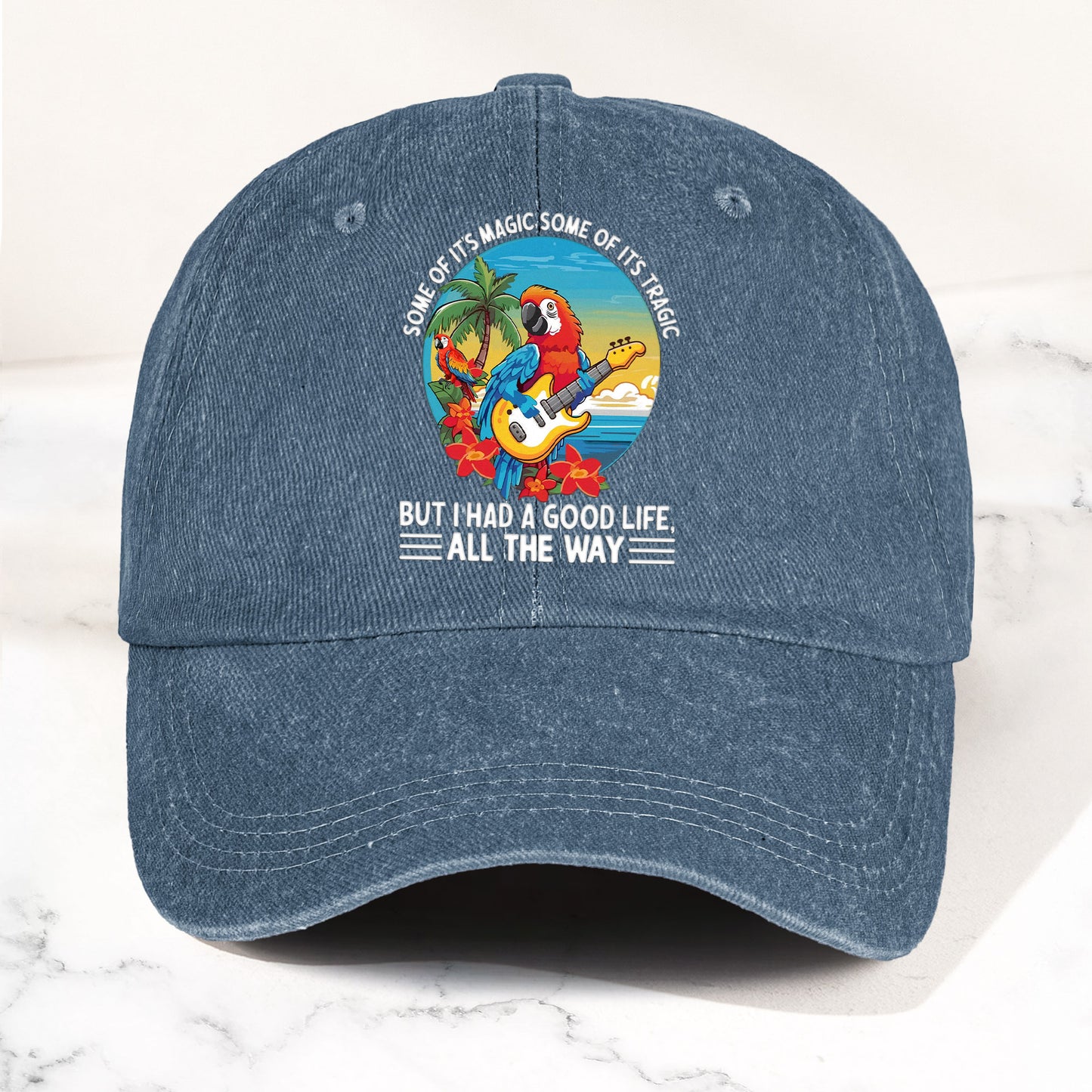 Tropical Parrot Denim Dad Cap – “I Had a Good Life All the Way” Island Music Vibes Hat (With BOX)