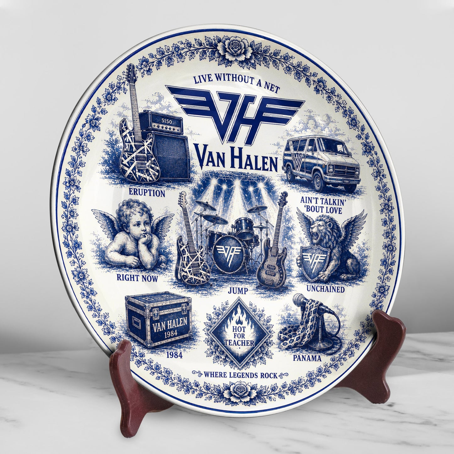 Van Halen Ceramic Plate with Display Stand – Classic Rock Music Memorabilia Gift