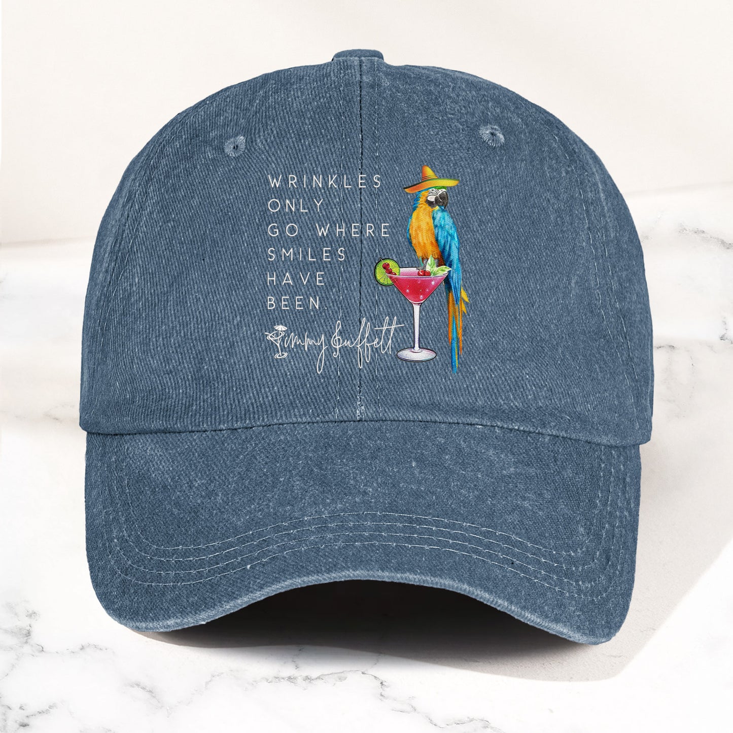 Jimmy Buffett Quote Denim Dad Cap – "Wrinkles Only Go Where Smiles Have Been"