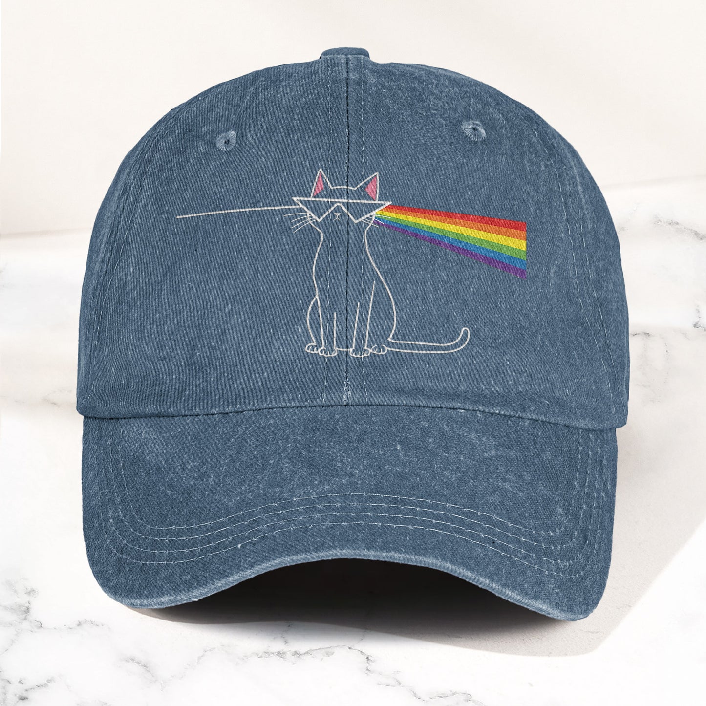 Pink Floyd Inspired Rainbow Prism Cat Pride Vintage Denim Cap – Retro Dad Cap (With Box)