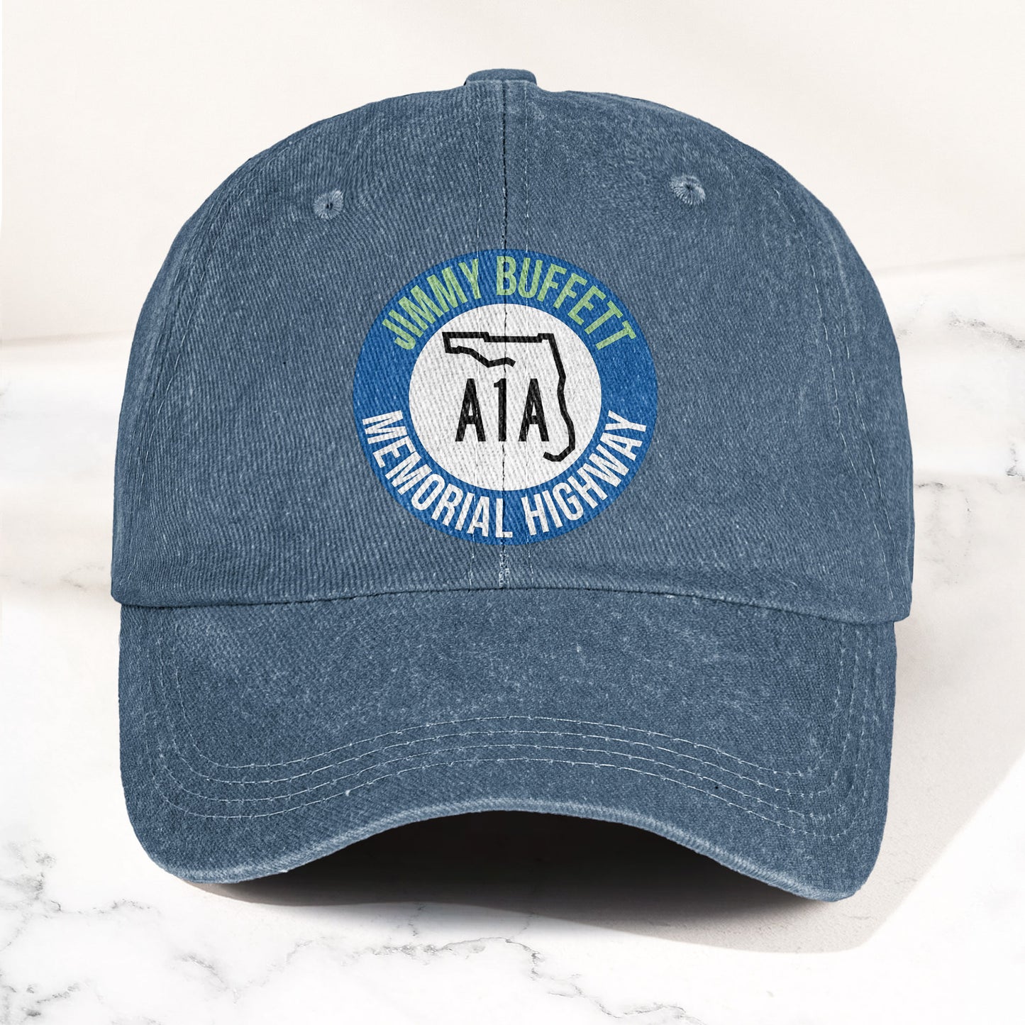 Jimmy Buffett A1A Memorial Highway Denim Cap – Retro Jimmy Buffett Tribute Dad Hat (With Box)