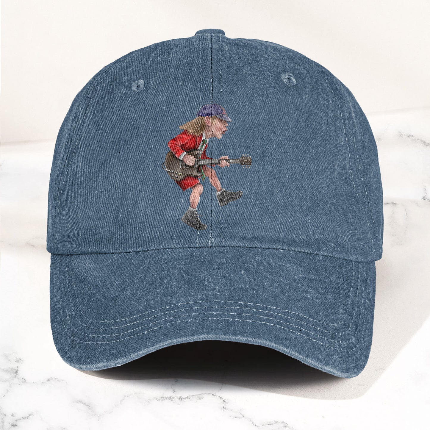 Angus Young In His Guitar Denim Dad Cap – Retro AC/DC Design (With BOX)