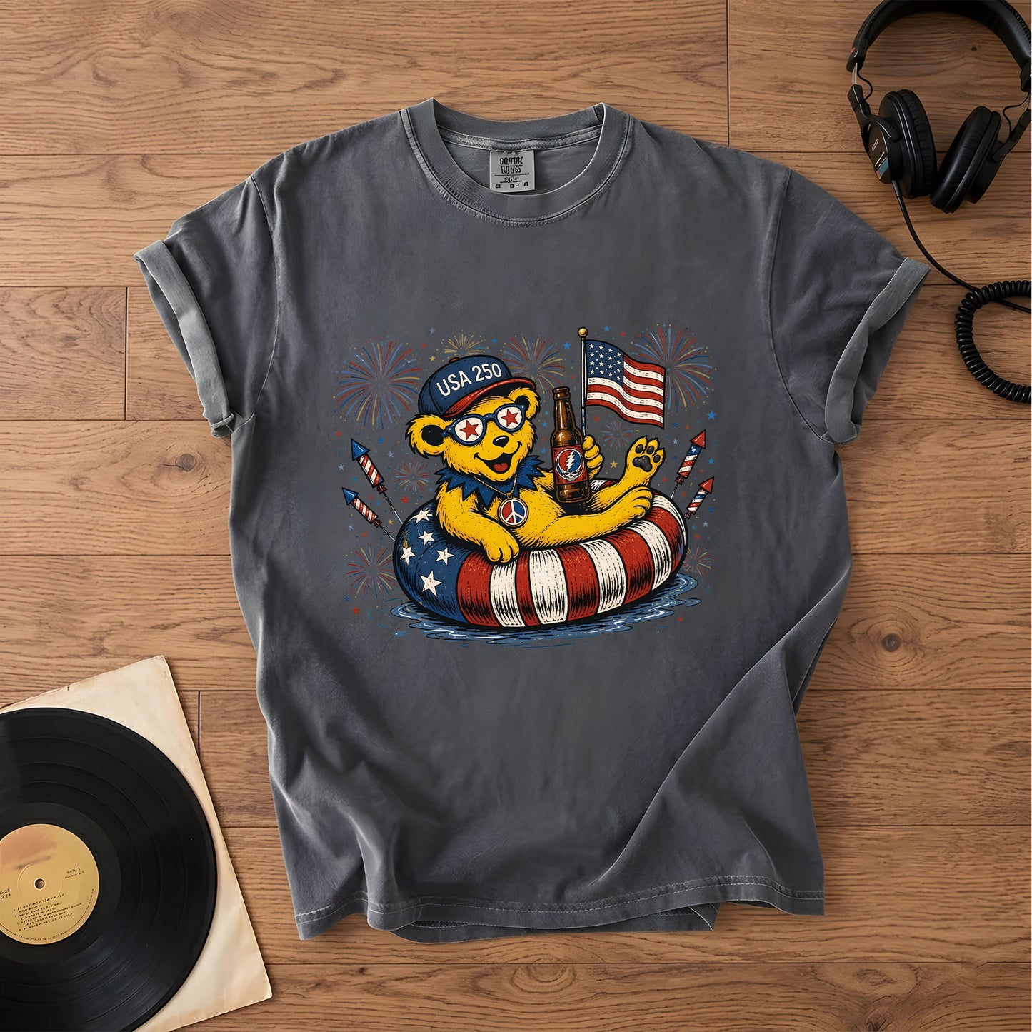 Grateful Dead USA 250 Fireworks Bear 4th of July Graphic T-Shirt – Retro Rock Music Fan Merch Tee