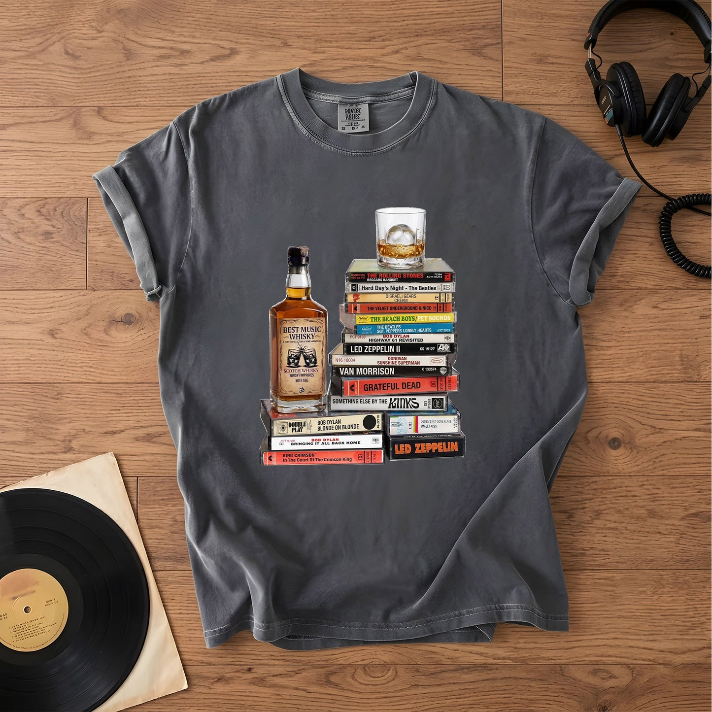 Classic Rock 1960s Cassette Album Collection T-Shirt – Vintage The Beatles The Rolling Stones Grateful Dead Led Zeppelin Tee
