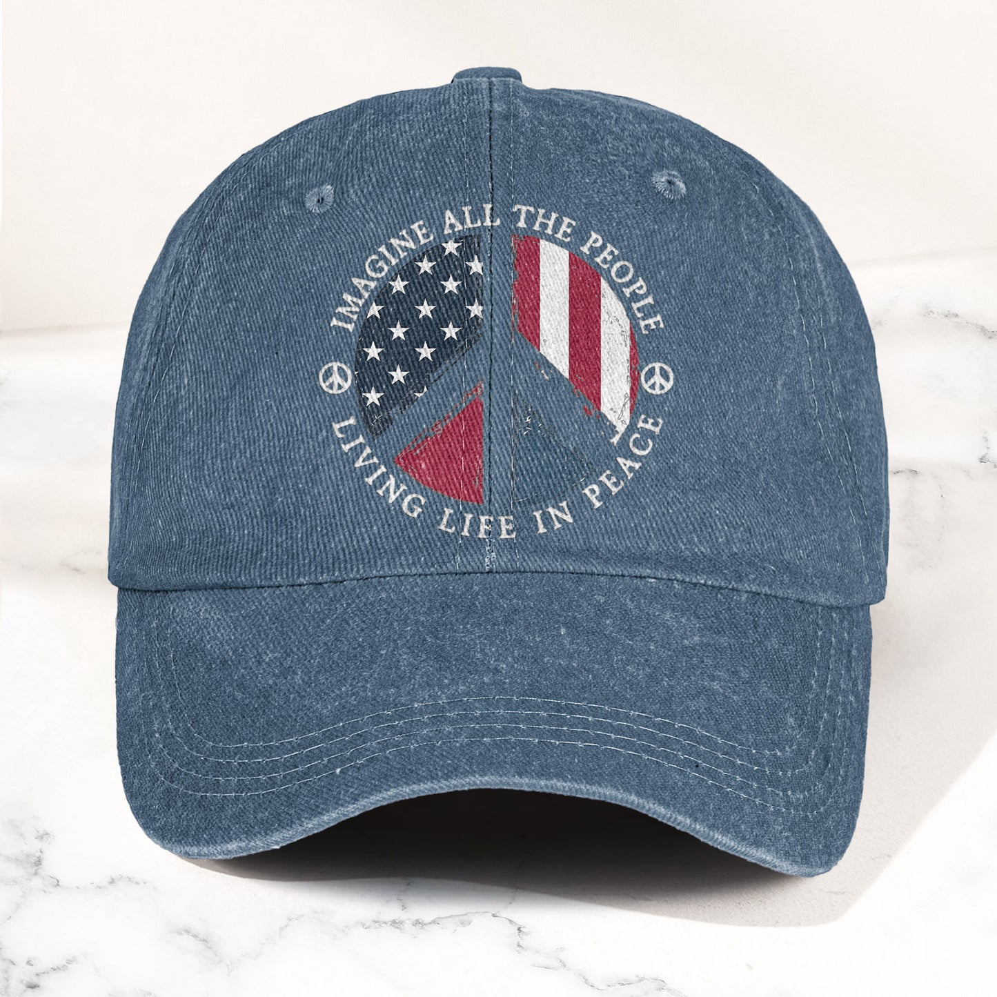 John Lennon Imagine All The People Living Life In Peace Sign American Flag Denim Cap – Retro Vintage Dad Cap Gift For Dad (With Box)