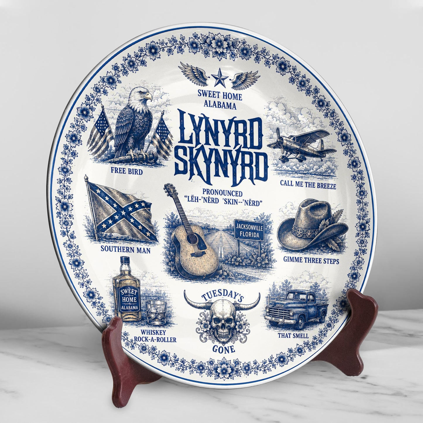 Lynyrd Skynyrd Decorative Ceramic Plate with Stand – Blue & White Southern Rock Art Gift