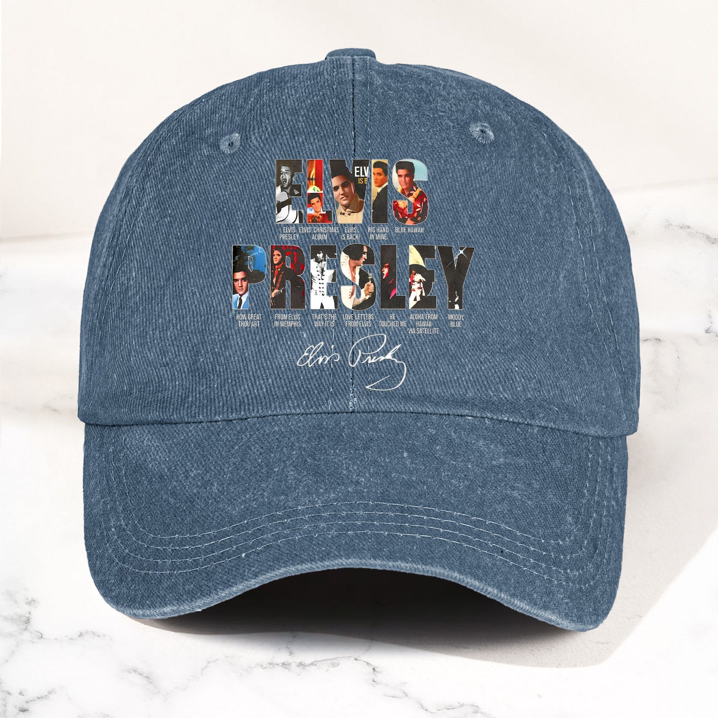 Elvis Presley Denim Dad Cap – Iconic Album Collage Design ( With BOX)