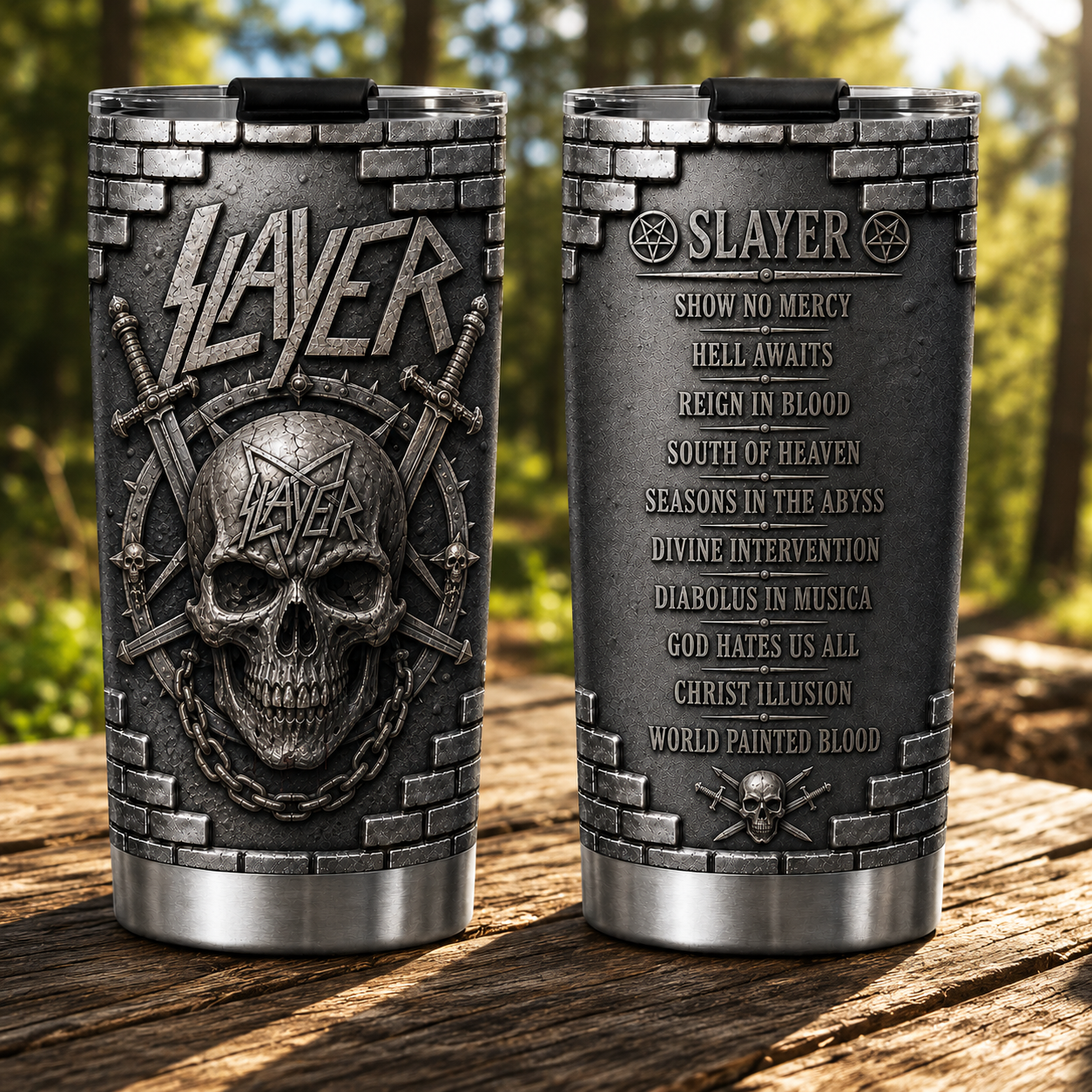 Slayer Reign in Blood Insulated Tumbler - 3D Embossed Skull & Swords Travel Cup