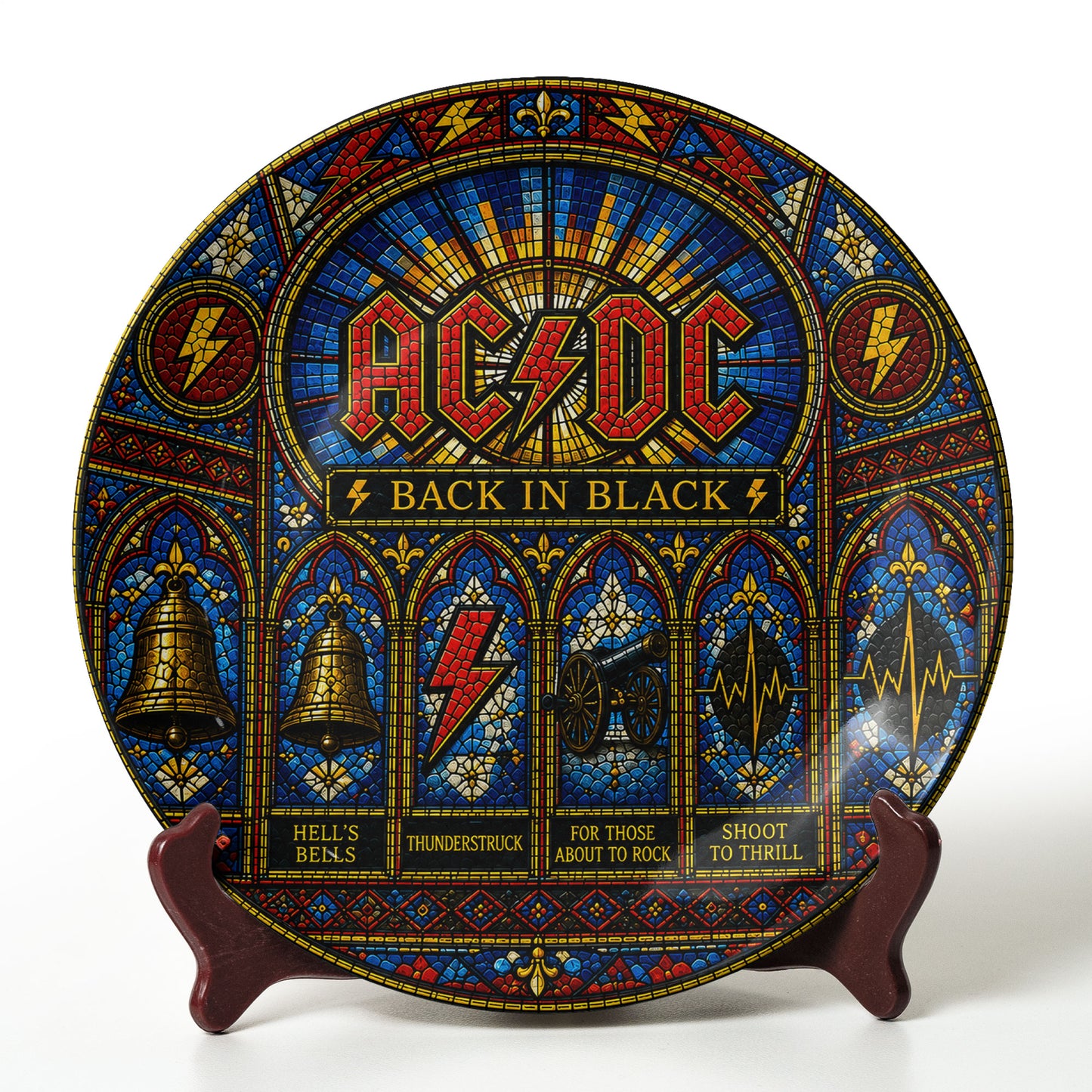 AC/DC Stained Glass Decorative Ceramic Plate – Back in Black Inspired Music Collector Plate, Rock Band Wall Art Gift for Fans