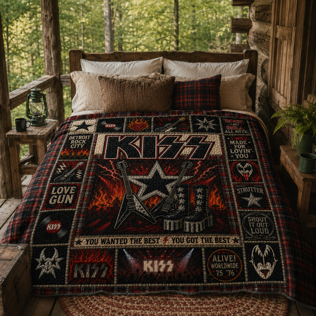 KISS Quilt Blanket – Vintage Rock Band Sherpa Throw, Patchwork Guitar Bedding, Classic Rock Fan Gift, Cozy Music Blanket