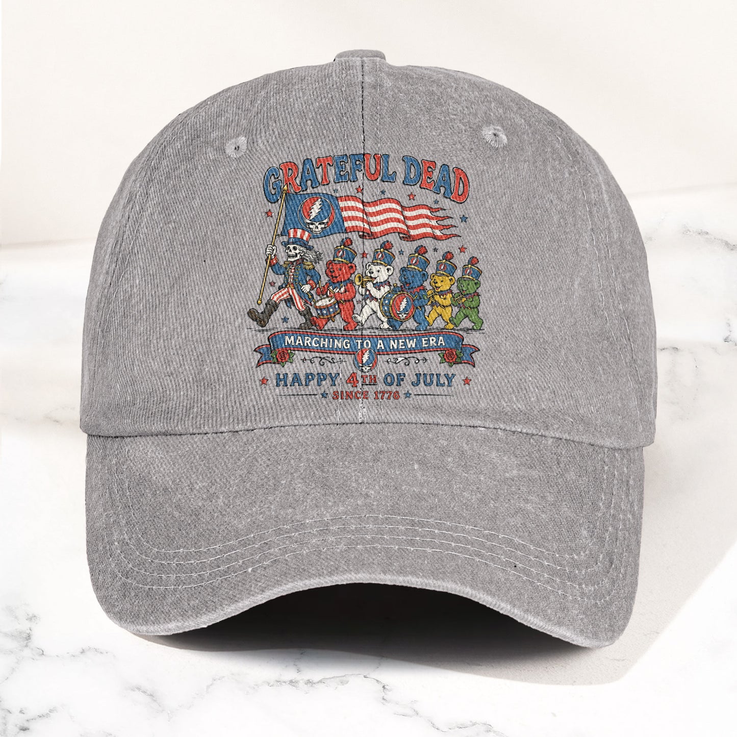 Grateful Dead Marching To A New Era Happy 4th Of July Patriotic Denim Cap – Retro Vintage Dad Cap Gift For Dad (With Box)