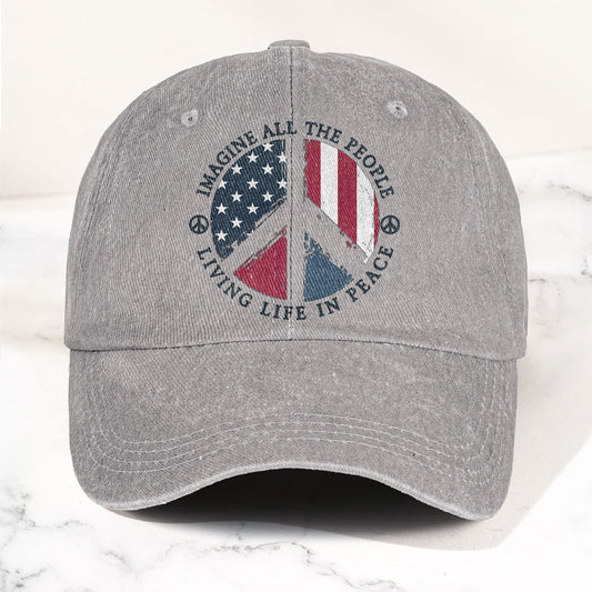 John Lennon Imagine All The People Living Life In Peace Sign American Flag Denim Cap – Retro Vintage Dad Cap Gift For Dad (With Box)
