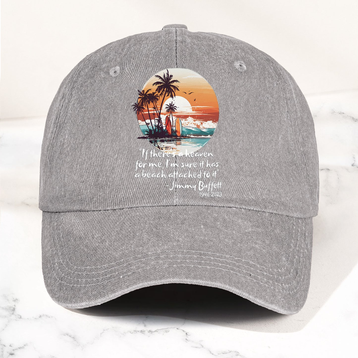 Jimmy Buffett Beach Quote Denim Dad Cap – Vintage Washed Tropical Hat