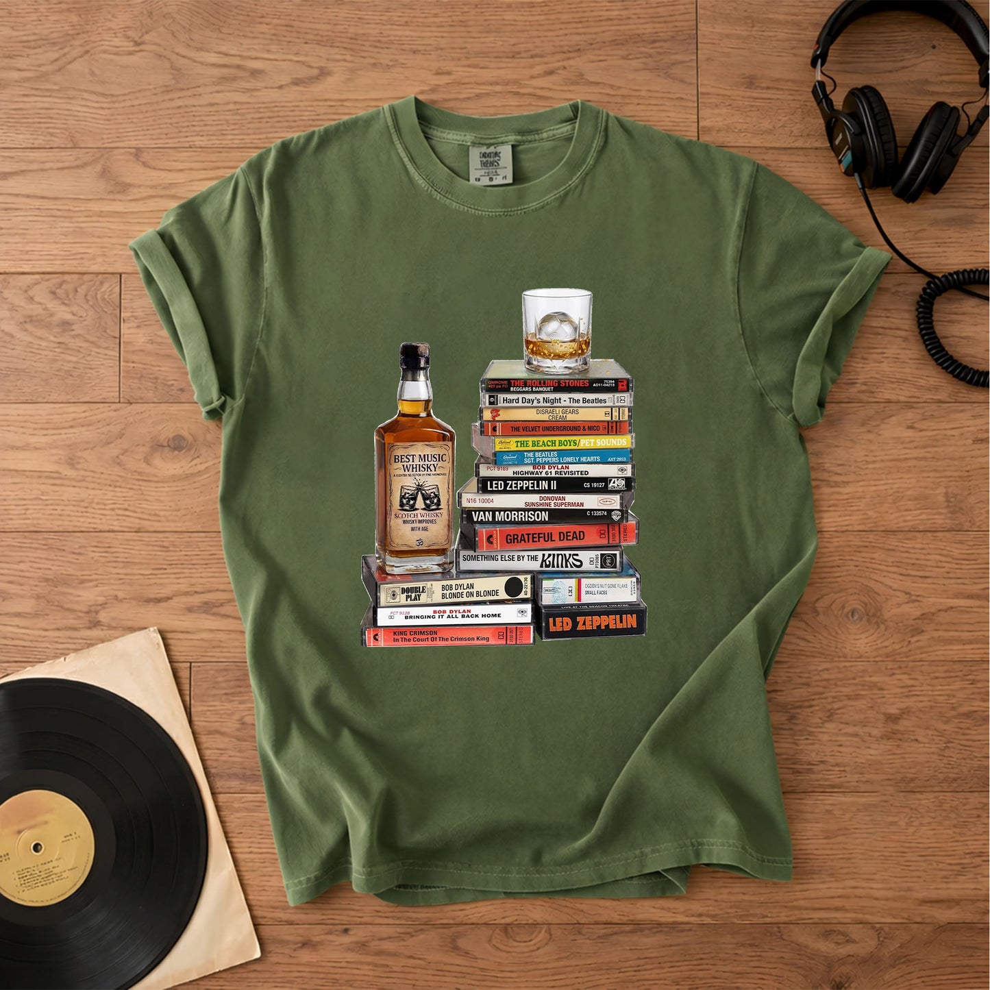 Classic Rock 1960s Cassette Album Collection T-Shirt – Vintage The Beatles The Rolling Stones Grateful Dead Led Zeppelin Tee