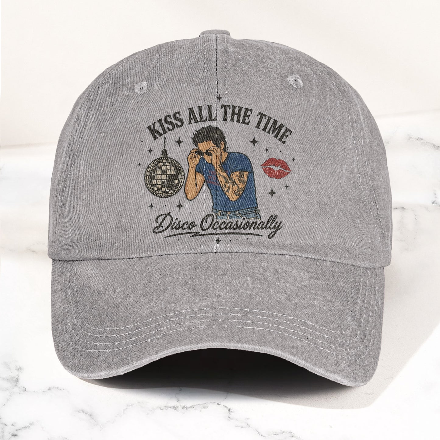 Kiss All The Time Disco Harry Styles Illustration Denim Cap – Retro Vintage Dad Cap Gift For Dad (With Box)