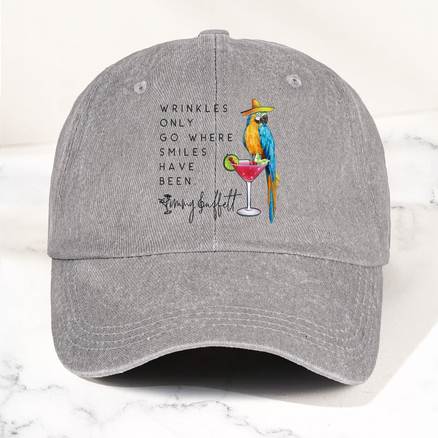 Jimmy Buffett Quote Denim Dad Cap – "Wrinkles Only Go Where Smiles Have Been"