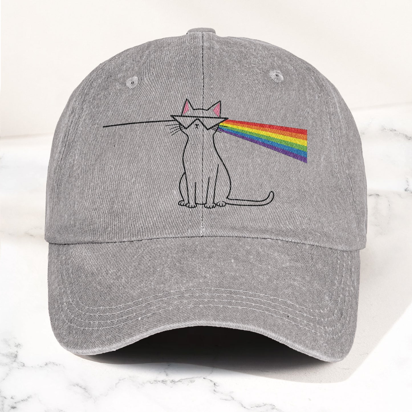 Pink Floyd Inspired Rainbow Prism Cat Pride Vintage Denim Cap – Retro Dad Cap (With Box)