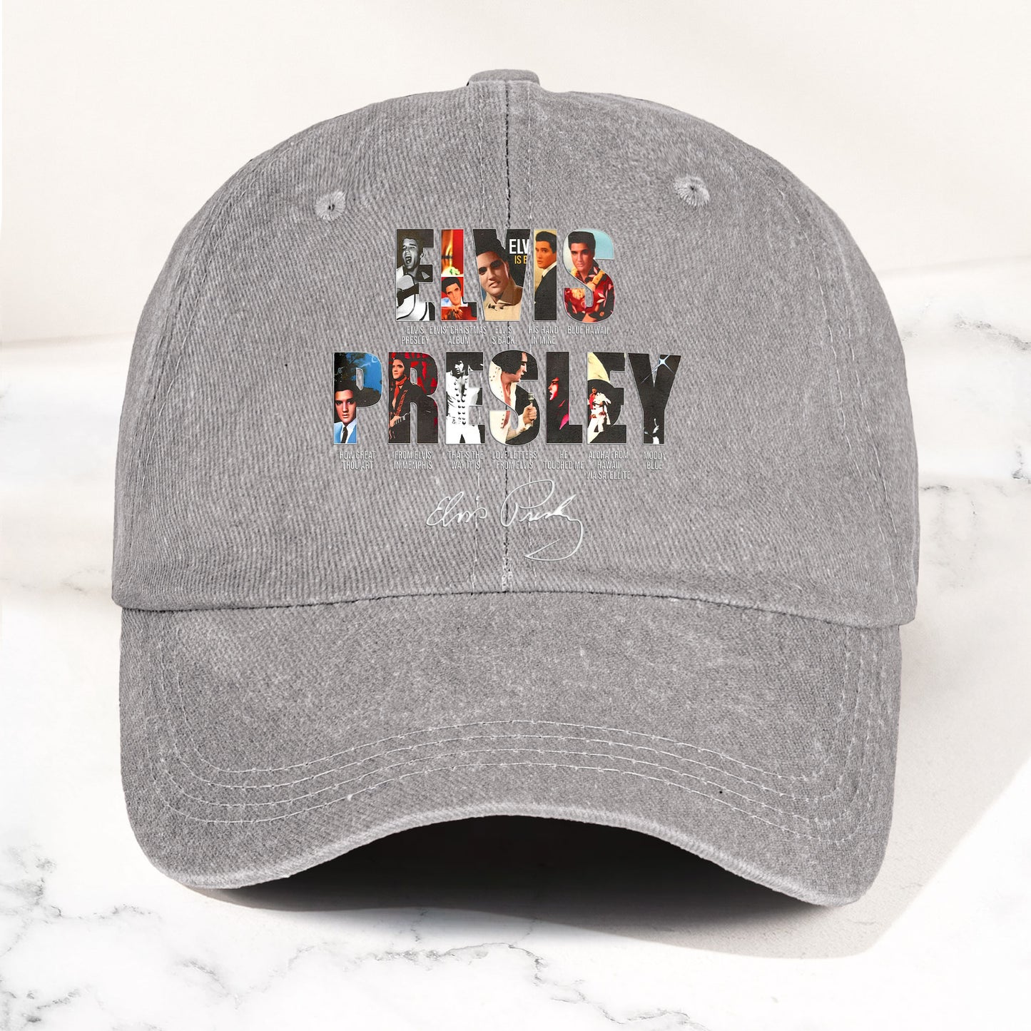 Elvis Presley Denim Dad Cap – Iconic Album Collage Design ( With BOX)