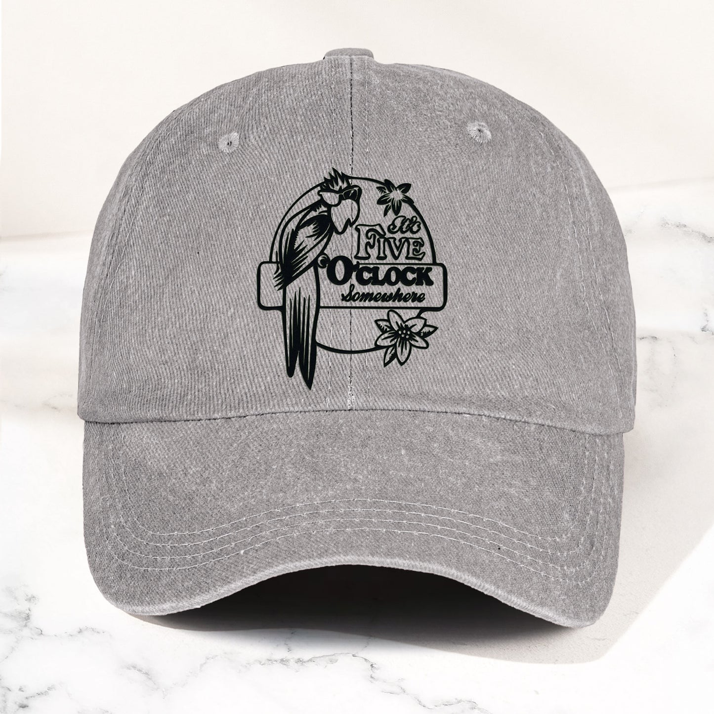 It’s Five O’Clock Somewhere Denim Dad Cap – Tropical Parrot Island Vibes Hat (With BOX)