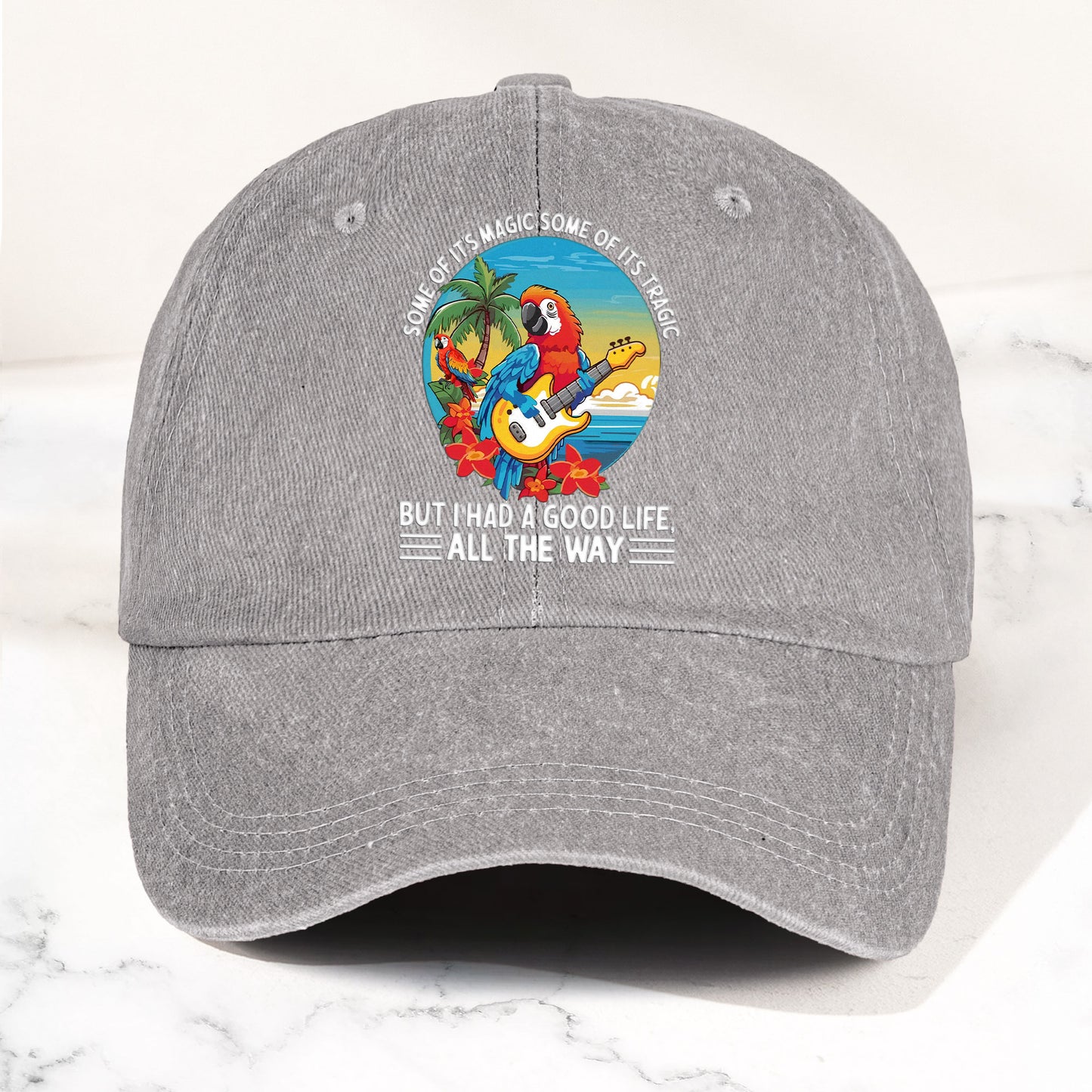 Tropical Parrot Denim Dad Cap – “I Had a Good Life All the Way” Island Music Vibes Hat (With BOX)