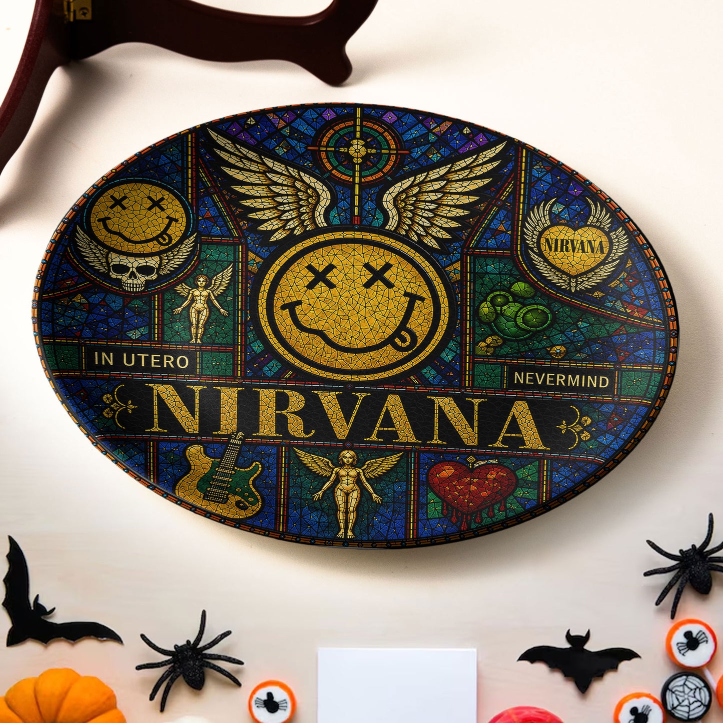 Nirvana Stained Glass Decorative Ceramic Plate – Nevermind & In Utero Inspired Music Collector Plate, Grunge Wall Art Gift for Fans