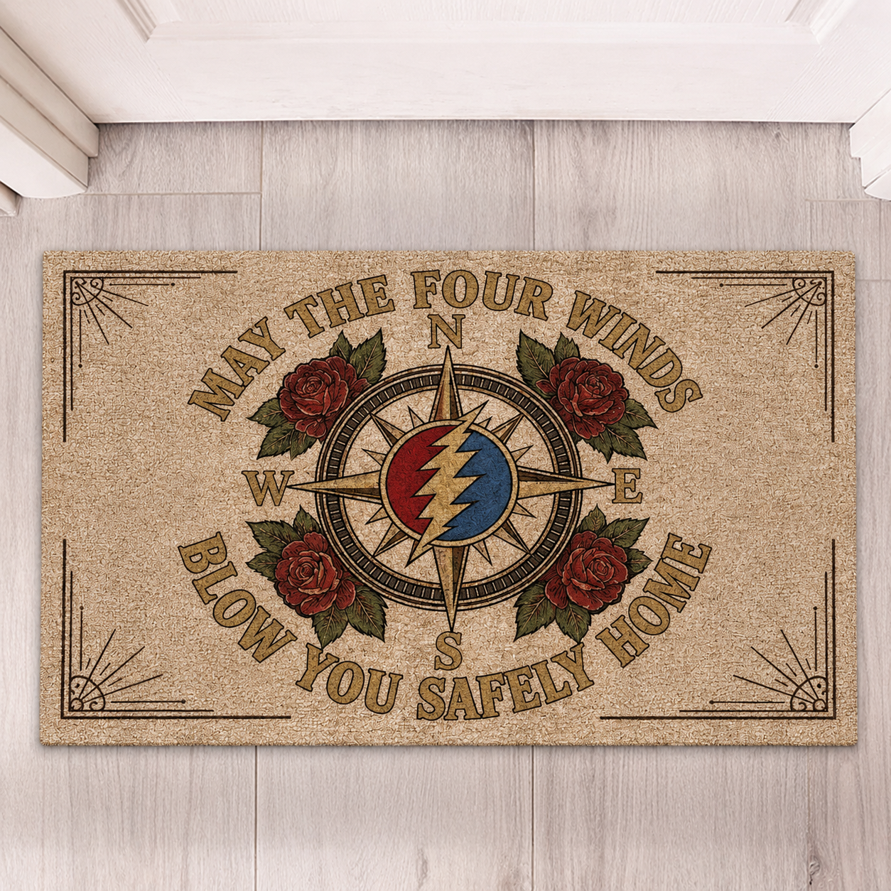 Grateful Dead Inspired Doormat – “May the Four Winds Blow You Safely Home” Welcome Mat, Hippie Compass Rose Door Mat, Gift for Deadheads