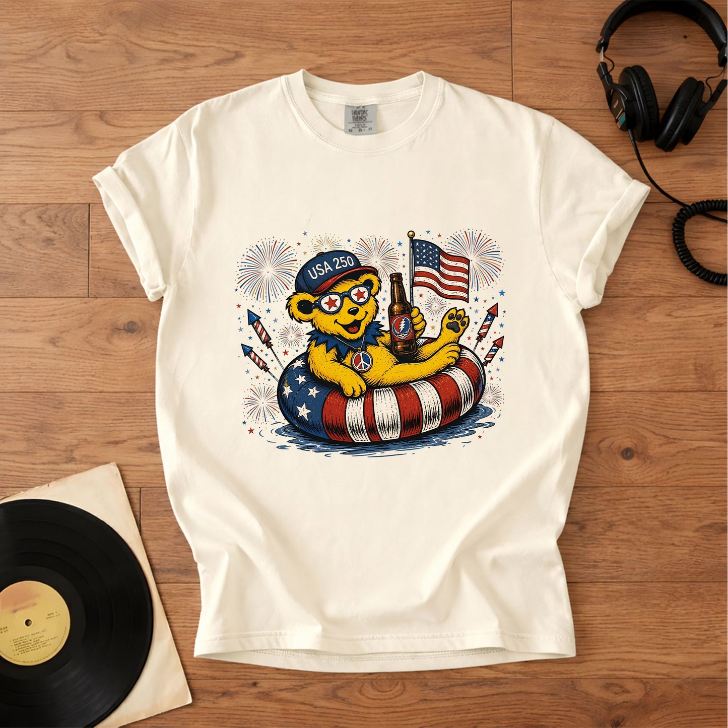 Grateful Dead USA 250 Fireworks Bear 4th of July Graphic T-Shirt – Retro Rock Music Fan Merch Tee