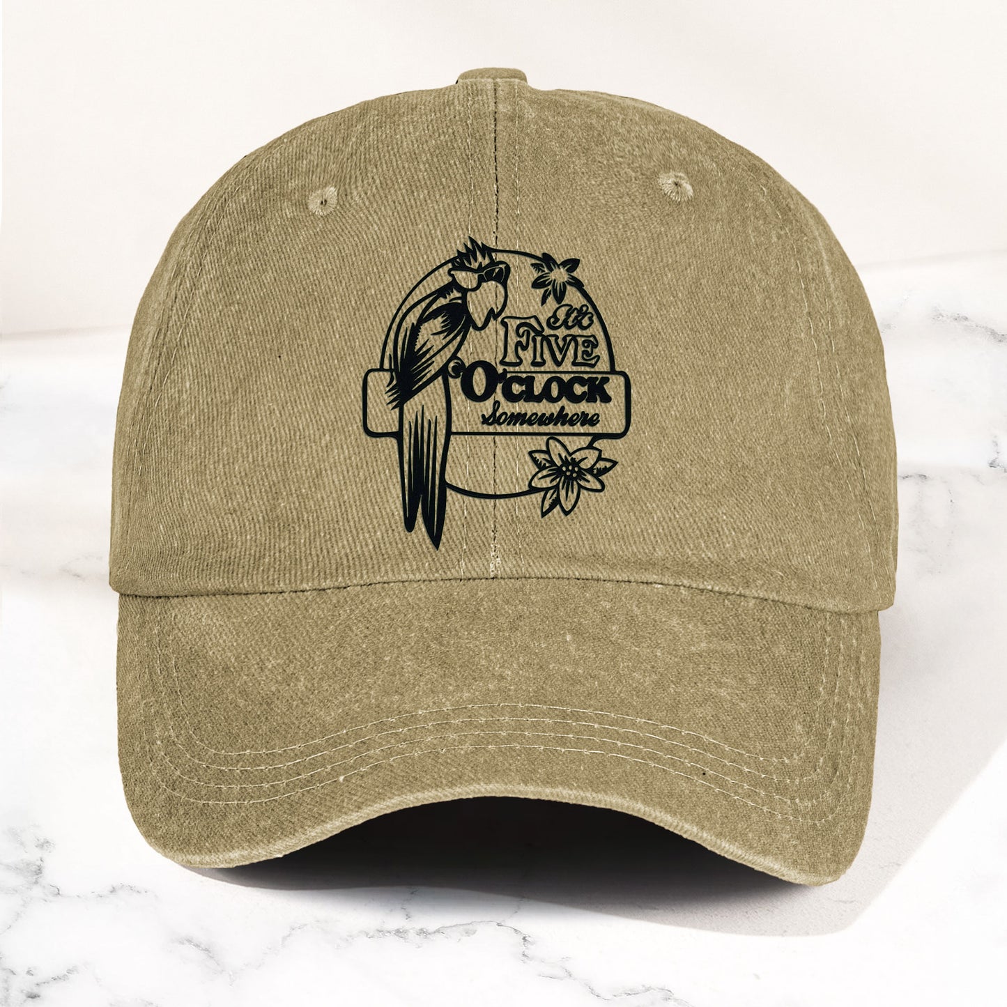 It’s Five O’Clock Somewhere Denim Dad Cap – Tropical Parrot Island Vibes Hat (With BOX)