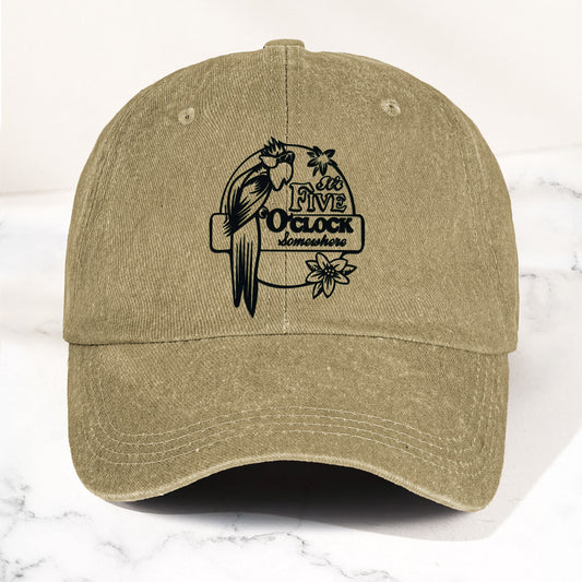It’s Five O’Clock Somewhere Denim Dad Cap – Tropical Parrot Island Vibes Hat (With BOX)