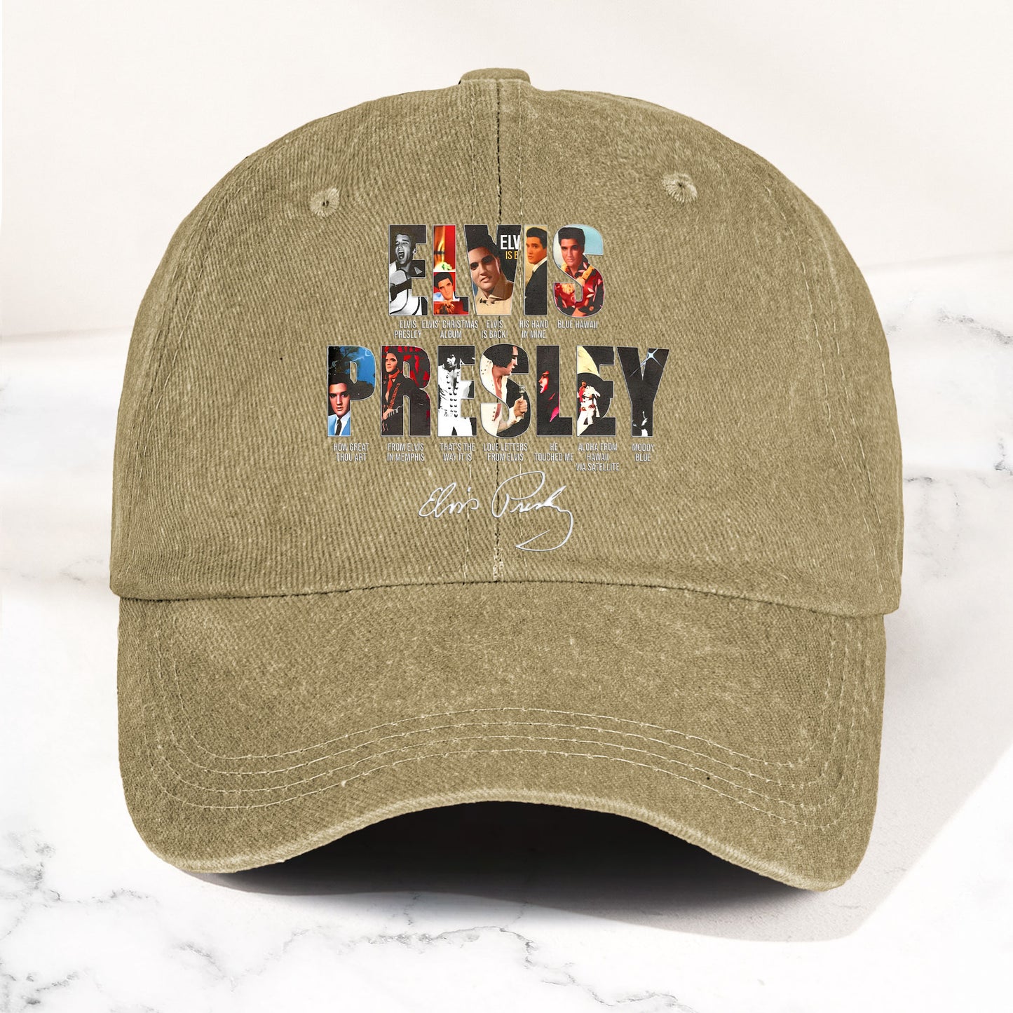 Elvis Presley Denim Dad Cap – Iconic Album Collage Design ( With BOX)