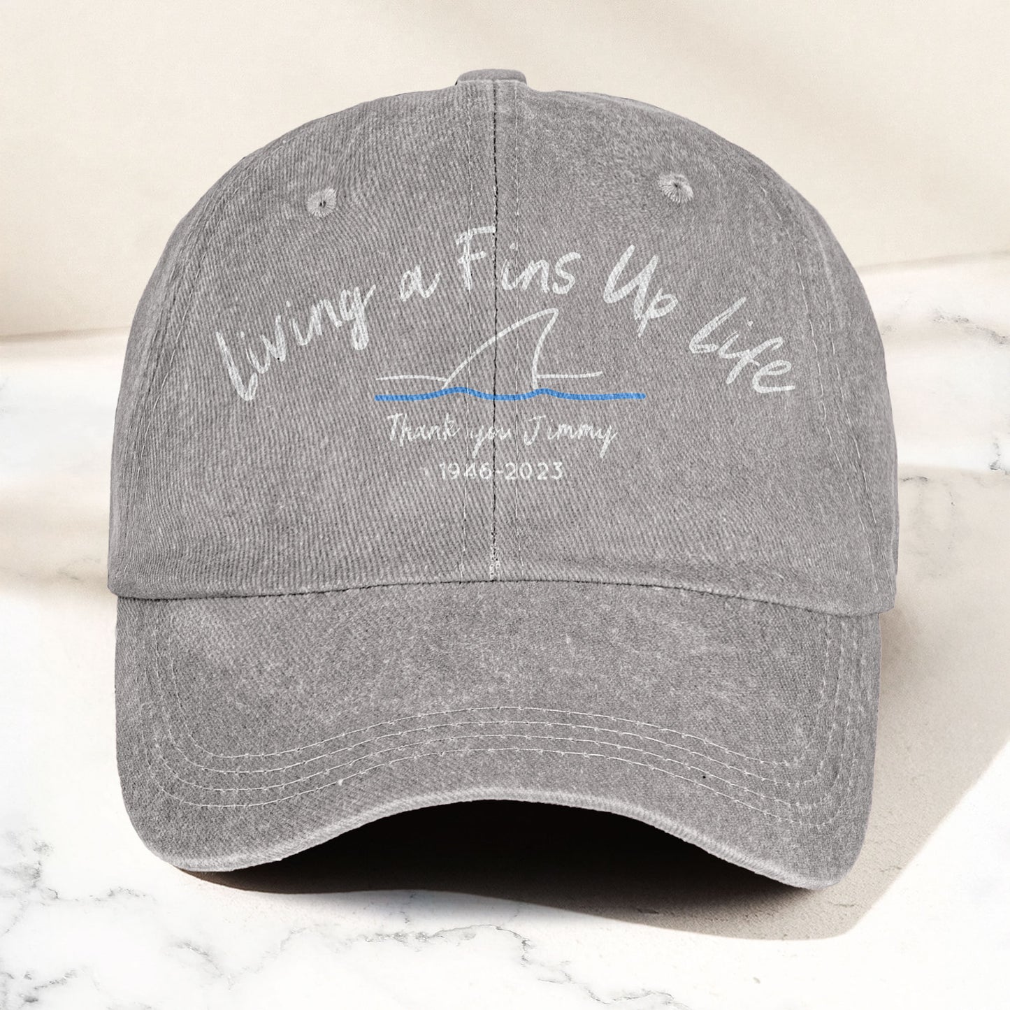 Living A Fins Up Life Denim Cap – Retro Jimmy Buffett Inspired Dad Hat (With Box)