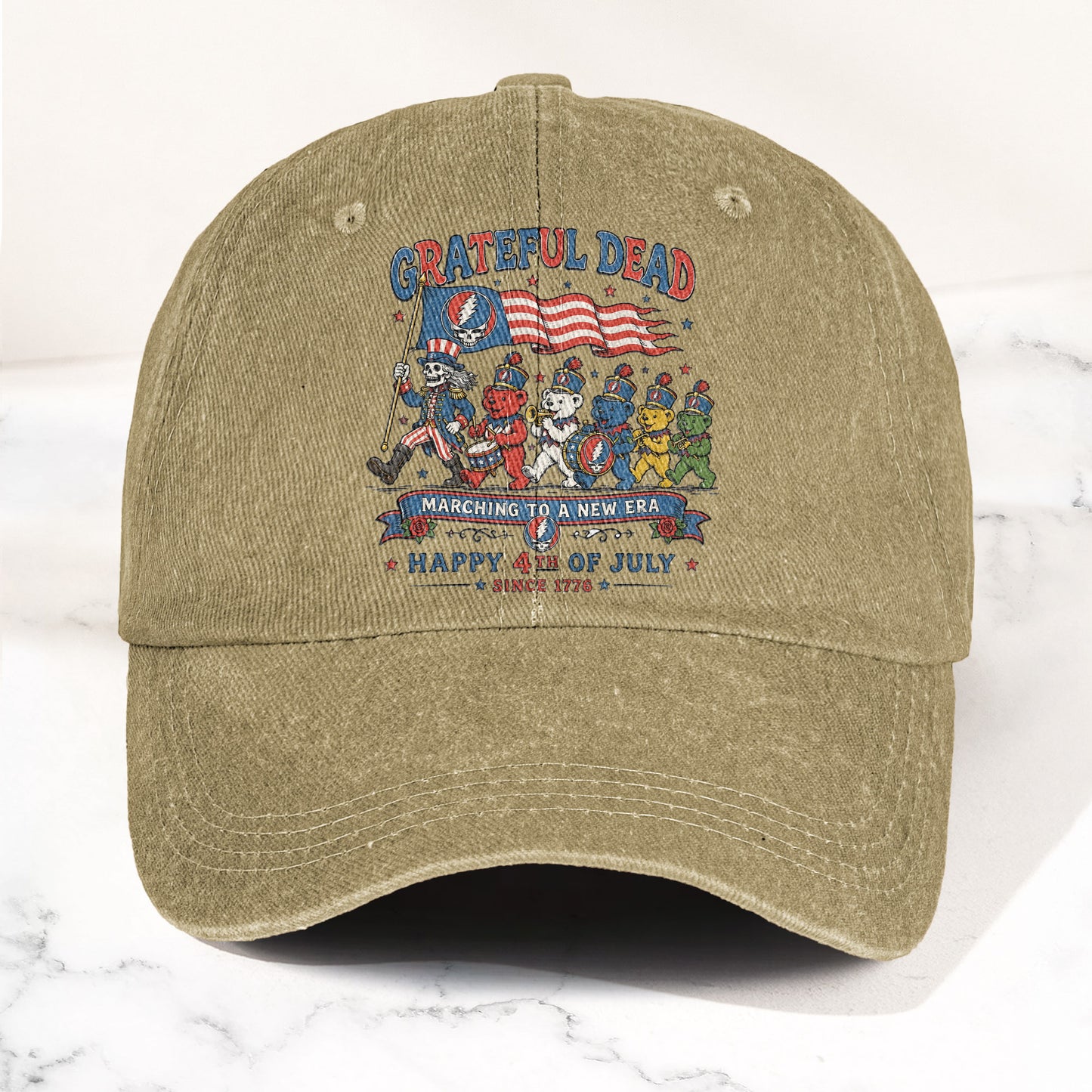 Grateful Dead Marching To A New Era Happy 4th Of July Patriotic Denim Cap – Retro Vintage Dad Cap Gift For Dad (With Box)